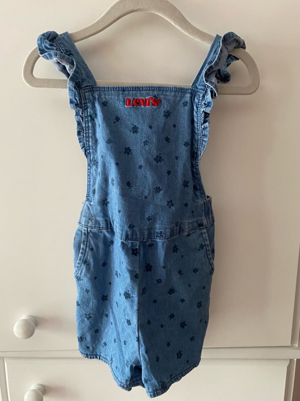 Levi's Light Blue Denim Floral Ruffle Strap Short Overalls